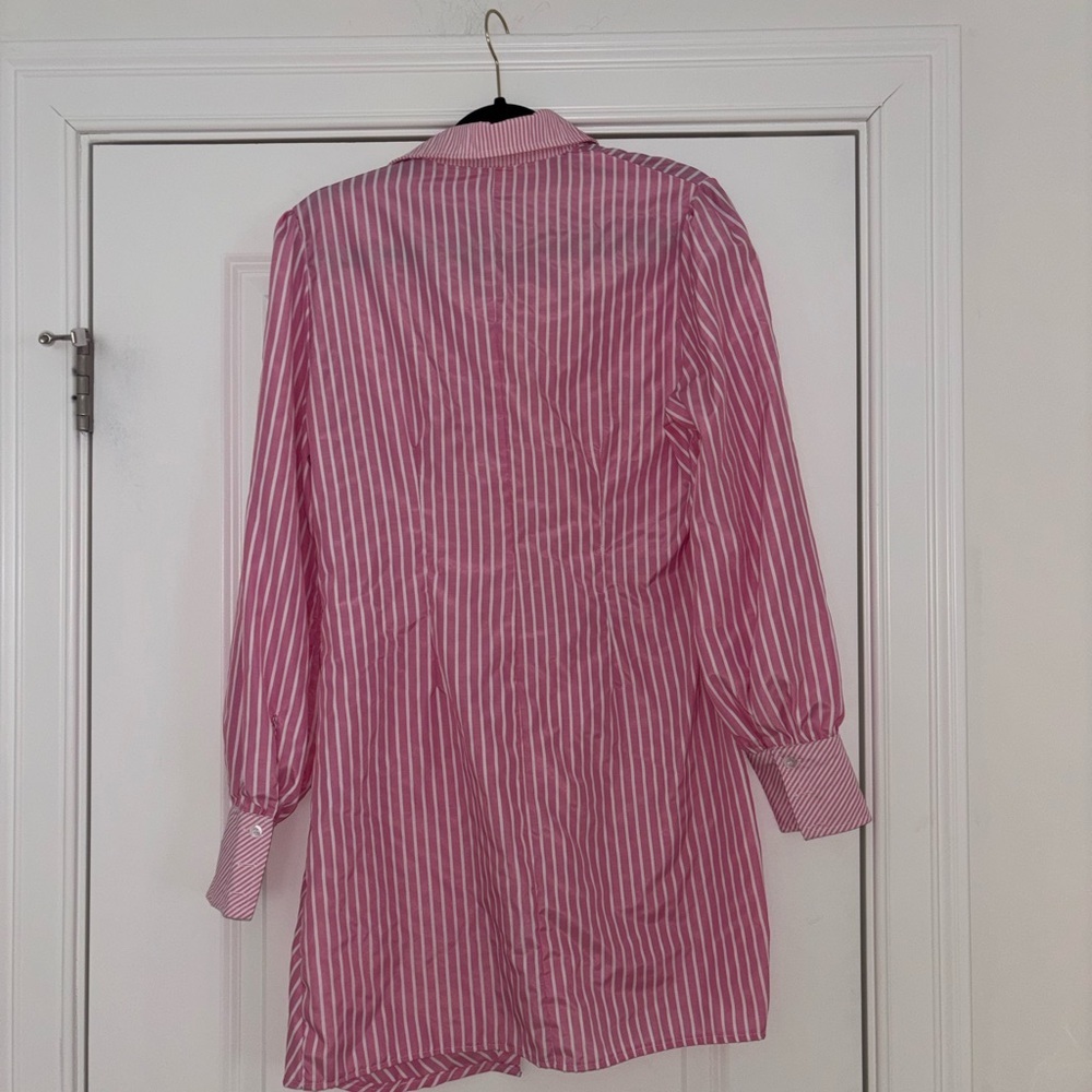 Pink & White Striped Button-Up Shirt Dress - Picture 6 of 9
